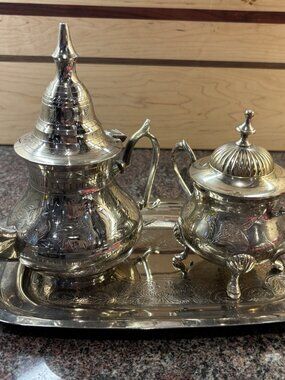 Vintage Brass Silverplated Moroccan Tea Service Set